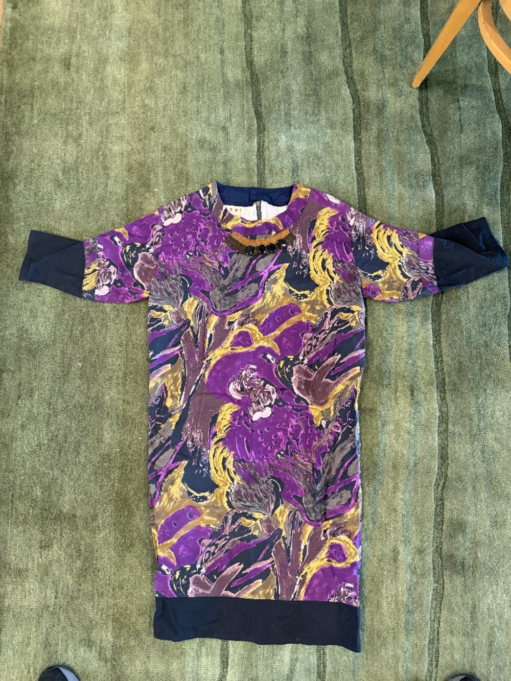 MARNI; 3/4 SLV,  MIDI DRESS, ROUND NECK , COTTON POPLIN PURPLE BLACK GOLD 44